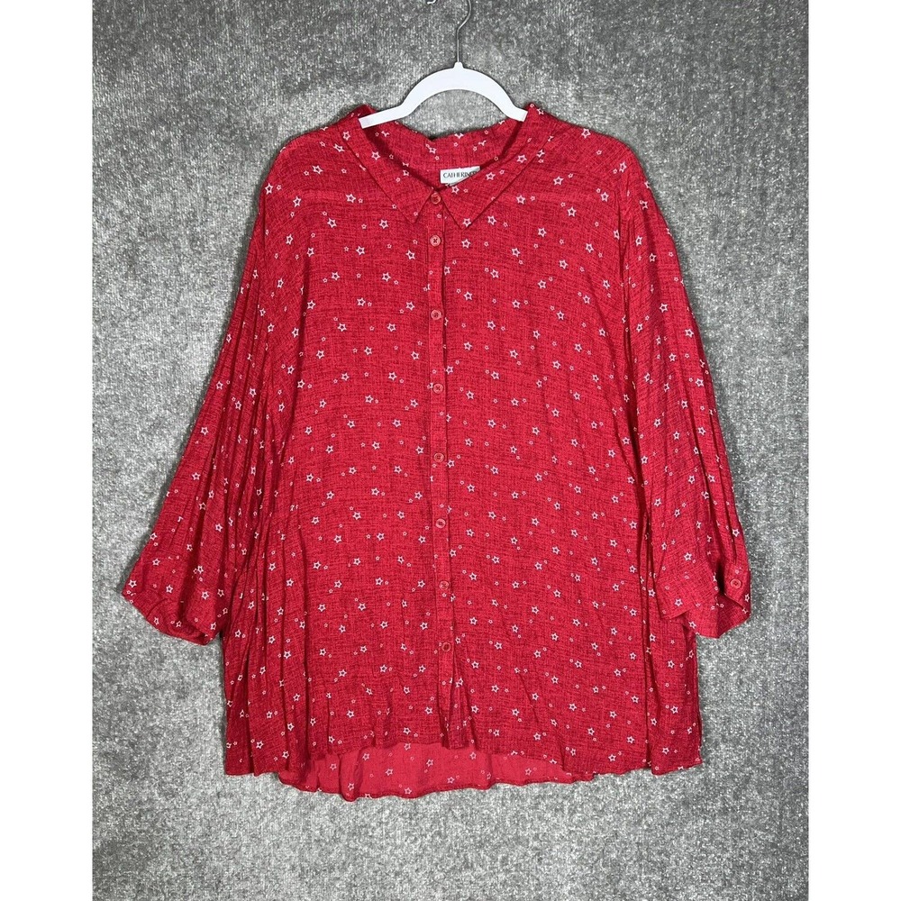 Catherines Button Up Blouse Shirt Womens Size 4X Red Rayon Star Print Top Collar